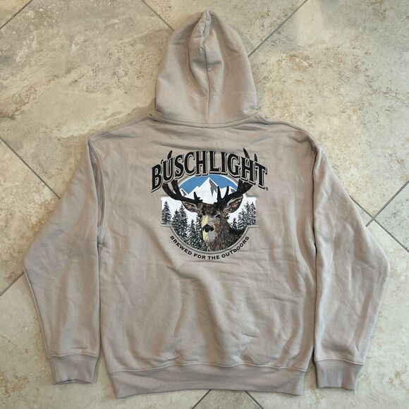 Busch Light Hunting Deer Camo Brown Beer Logo Hoodie Tan Size Medium Mens New - Picture 2 of 9